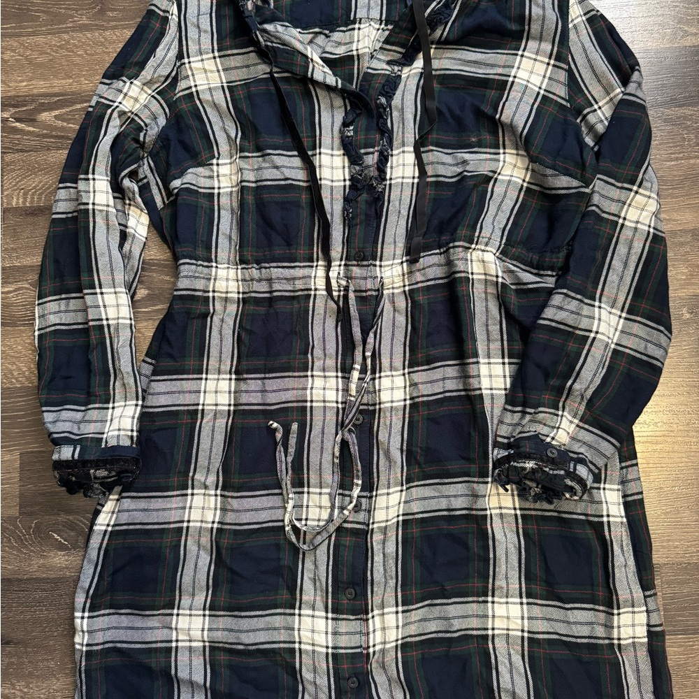 Plaid Button-Front Hooded Shirt Dress